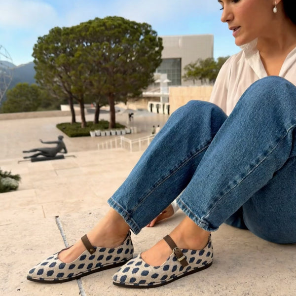 Mary janes handmade shoes polka dots blue and beige
