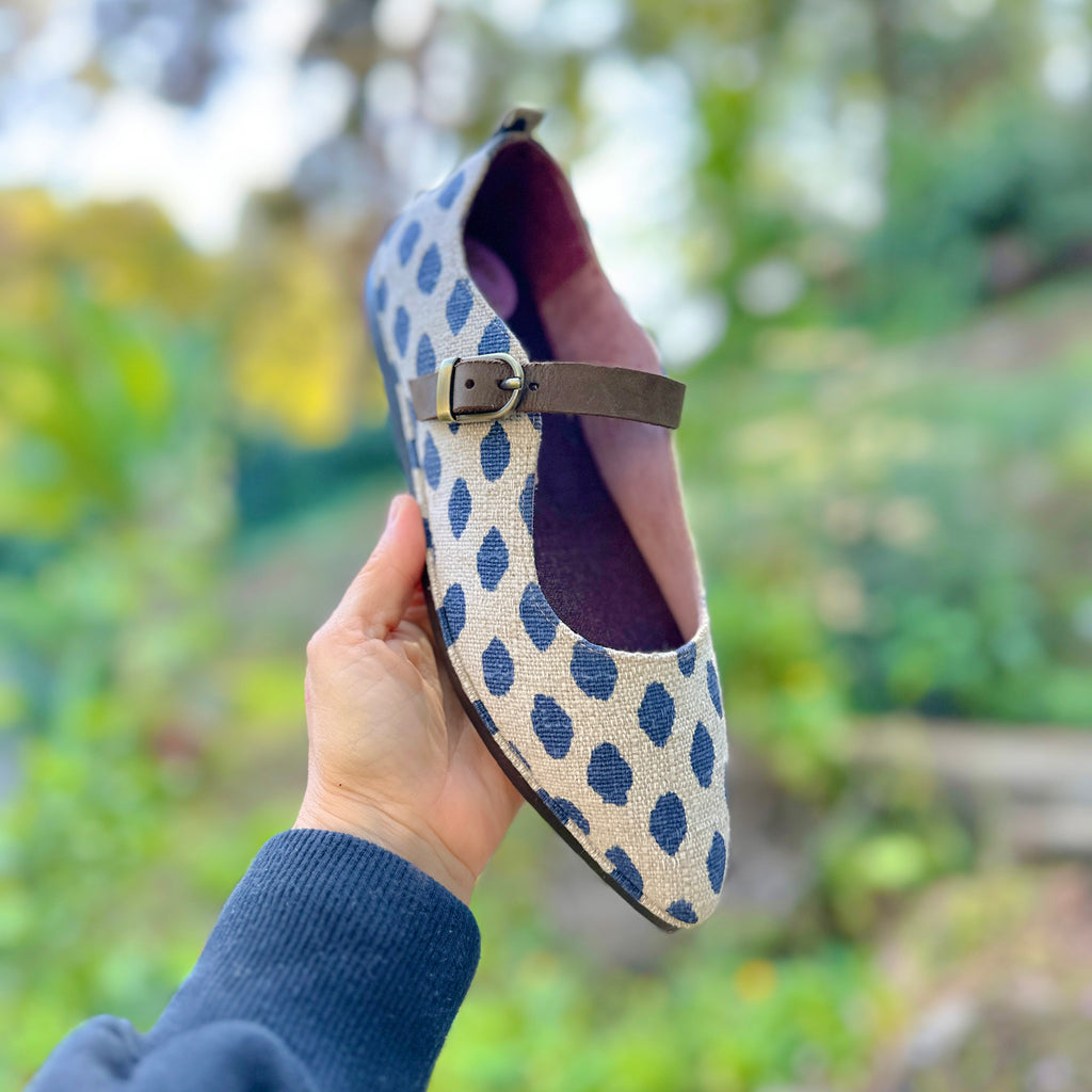 Mary janes handmade shoes polka dots blue and beige
