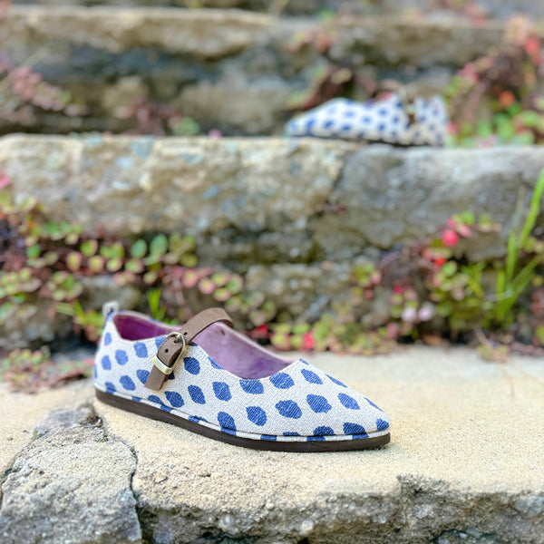 Mary janes handmade shoes polka dots blue and beige